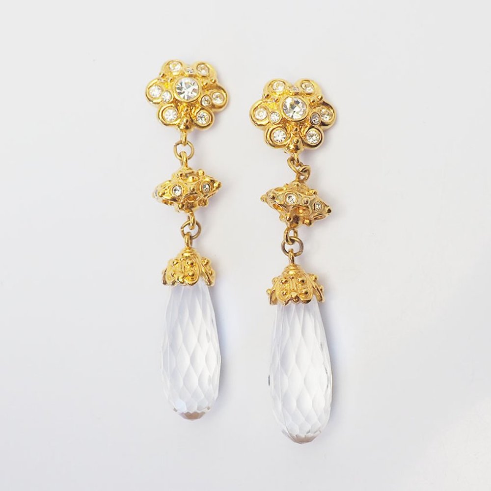 Barrera large vintage faceted crystal dangle long clip on earrings